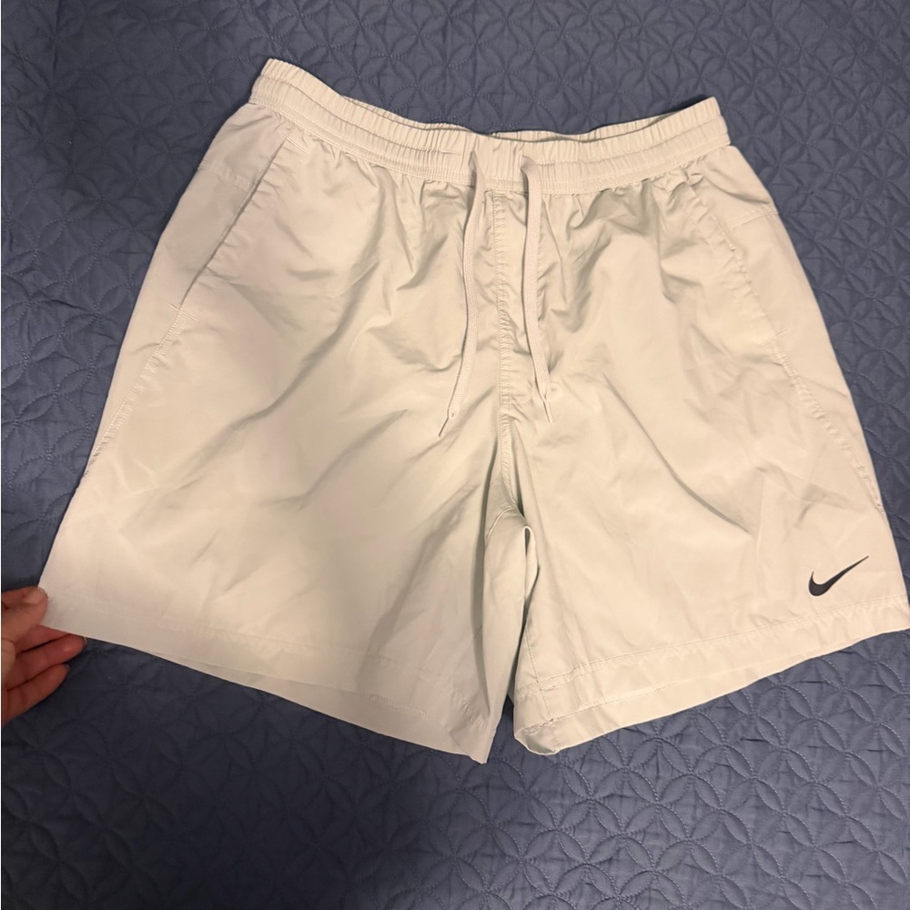 Nike Men's White Athletic Shorts with Black Swoosh